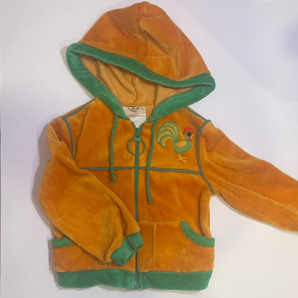 Orange and Green Hooded Baby Jacket with Rooster Embroidery